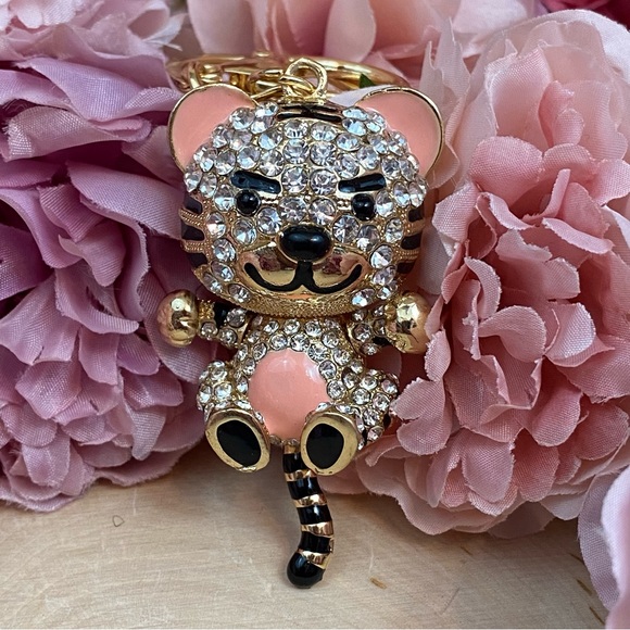 Peach and Silver Crystal Gold Tiger Keychain Charm - Picture 5 of 9